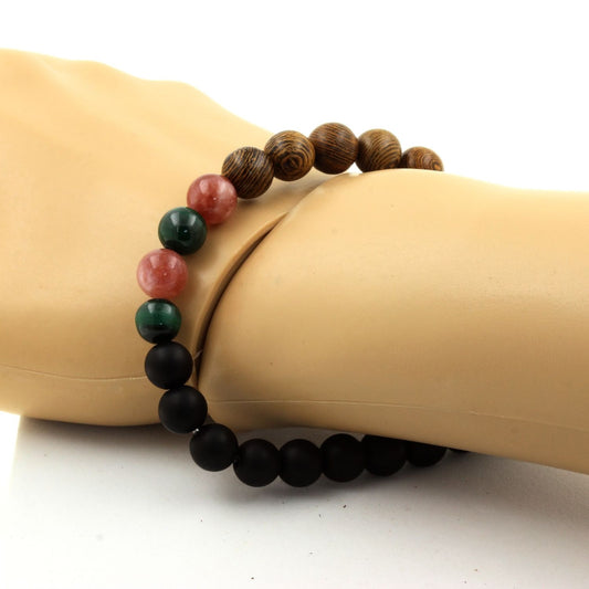 Malachite du Congo + Pierre de Soleil + Onyx noir mat + bois. Bracelet Perles