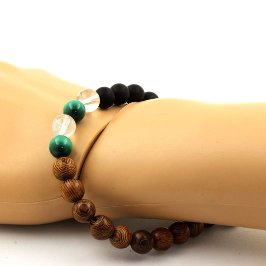 Malachite du Congo + Quartz + Onyx noir mat + bois. Bracelet Perles naturelles