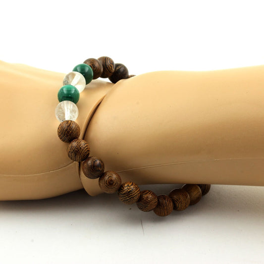 Malachite du Congo + Quartz + bois. Bracelet Perles naturelles