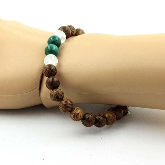 Malachite du Congo + Quartz craquelé + bois. Bracelet Perles naturelles