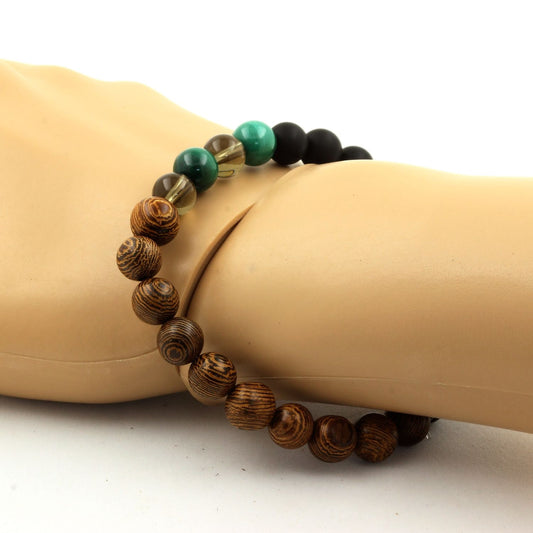 Malachite du Congo + Quartz fumé + Onyx noir mat + bois. Bracelet Perles