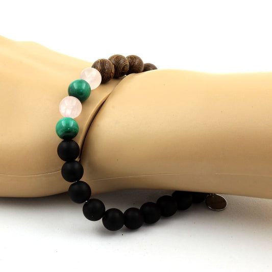 Malachite du Congo + Quartz rose + Onyx noir mat + bois. Bracelet Perles naturelles