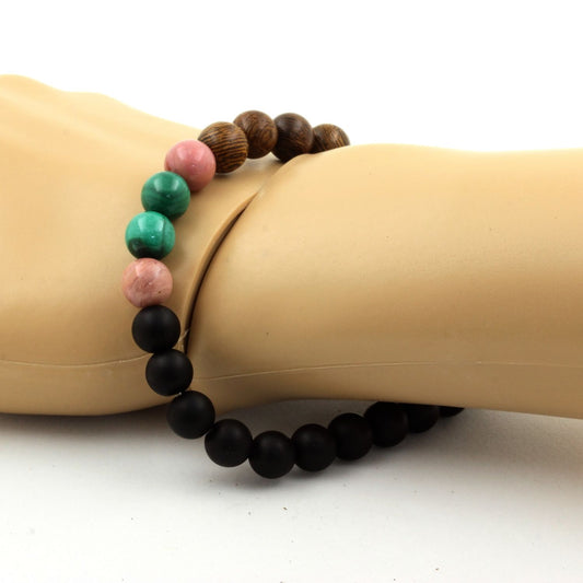 Malachite du Congo + Rhodonite + Onyx noir mat + bois. Bracelet Perles