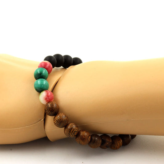 Malachite du Congo + Tourmaline melon d'eau + Onyx noir mat + bois. Bracelet Perles naturelles