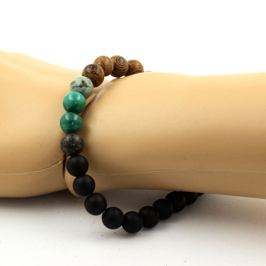 Malachite du Congo + Turquoise Africaine + Onyx noir mat + bois. Bracelet Perles