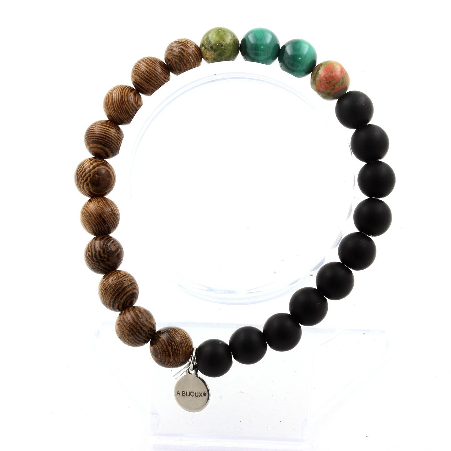Malachite du Congo + Unakite + Onyx noir mat + bois. Bracelet Perles