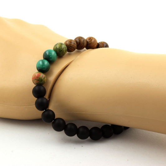 Malachite du Congo + Unakite + Onyx noir mat + bois. Bracelet Perles