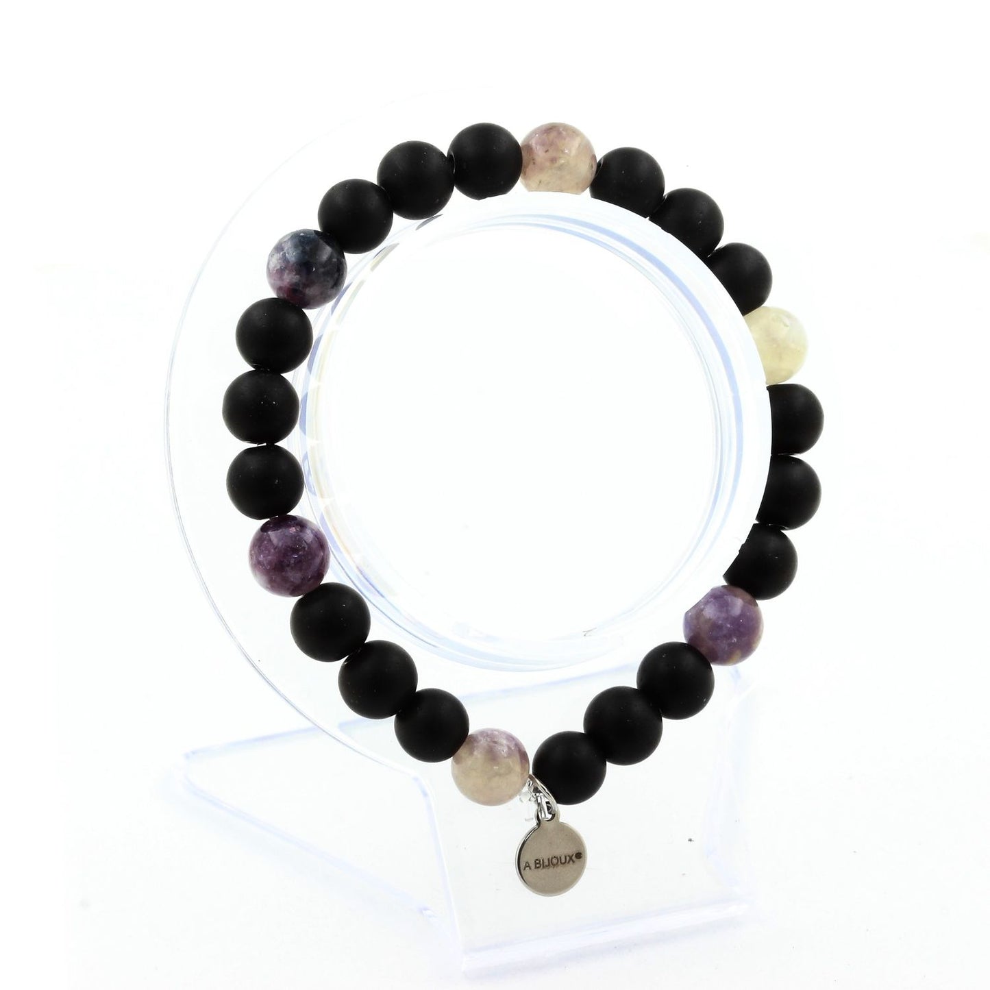 Mica violet de Tanzanie + Onyx noir mat. Bracelet en Perles naturelles