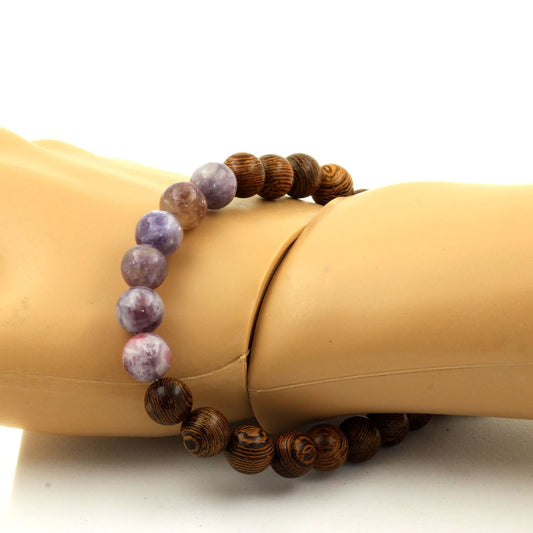 Mica violet de Tanzanie + bois. Bracelet Perles naturelles