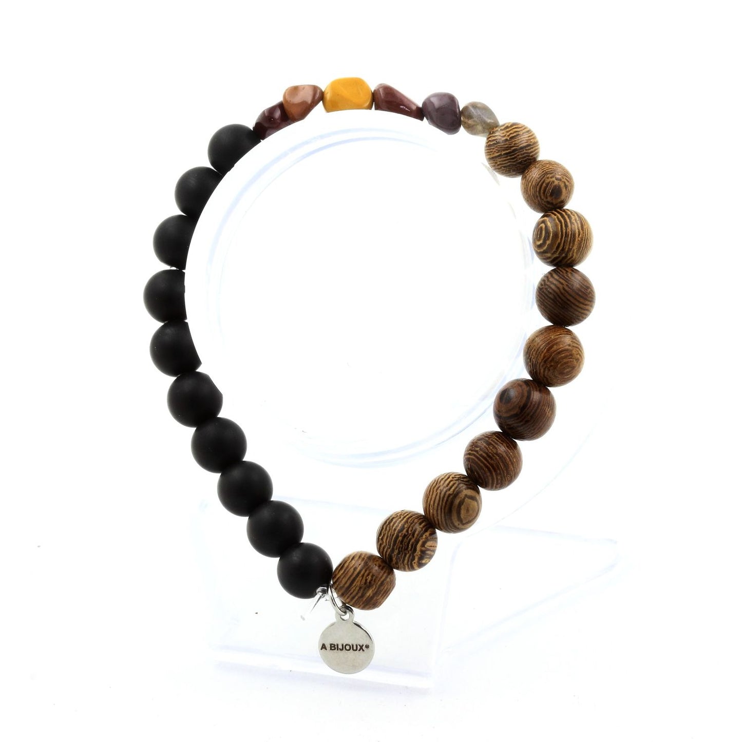 Mookaite d'Australie + Perles Onyx noir mat + bois. Bracelet en Perles naturelles