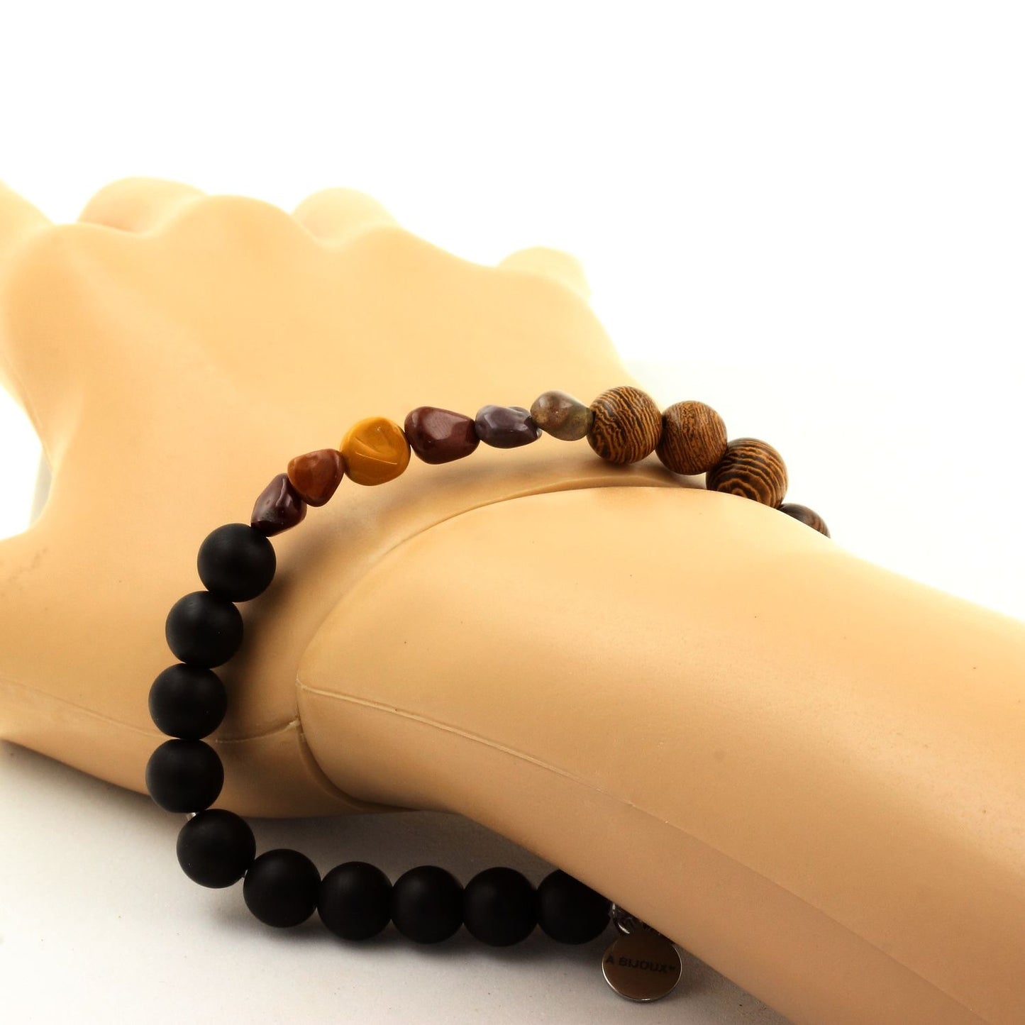 Mookaite d'Australie + Perles Onyx noir mat + bois. Bracelet en Perles naturelles