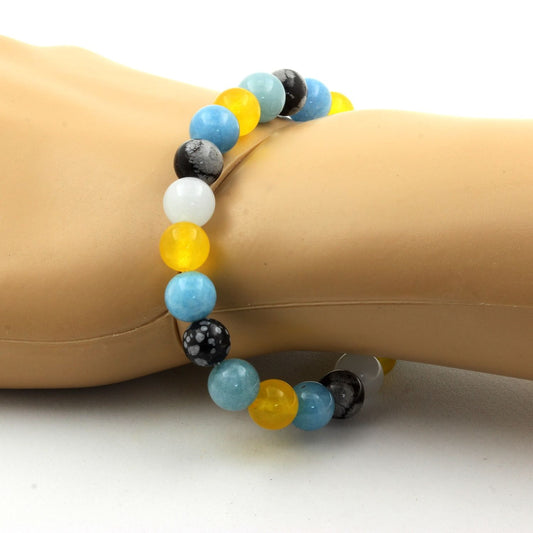 Obsidienne Flocon de Neige + Agate jaune + Aigue-Marine + Calcédoine bleu. Bracelet en Perles naturelles