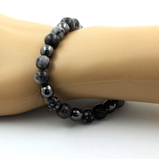 Obsidienne Flocon de Neige + Hématite + Labradorite. Bracelet en Perles naturelles