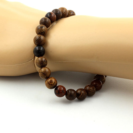 Obsidienne Mahogany + bois. Bracelet Perles naturelles