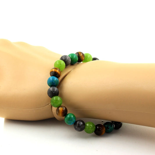 Oeil de Tigre + Labradorite + Chrysocolle + Péridot. Bracelet Perles naturelles