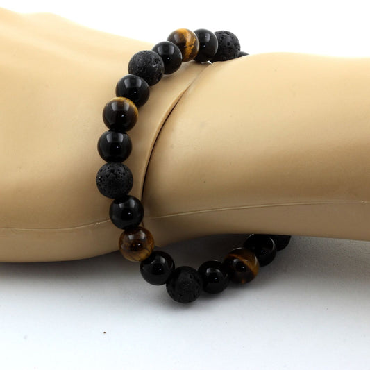 Oeil de Tigre + Lave + Agate noire. Bracelet Perles naturelles