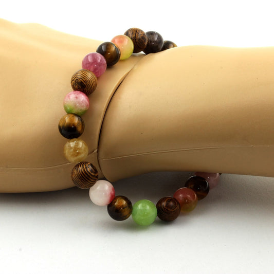 Oeil de Tigre + Tourmaline multicolore + Tourmaline melon d'eau + Bois. Bracelet Perles naturelles