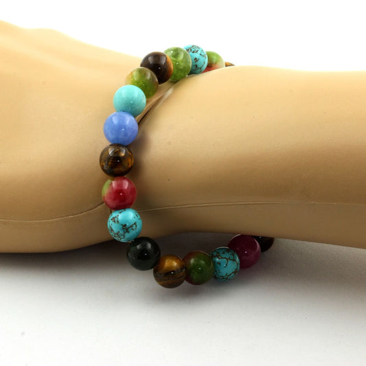 Oeil de Tigre + Tourmaline multicolore + Tourmaline melon d'eau + Turquoise. Bracelet Perles naturelles