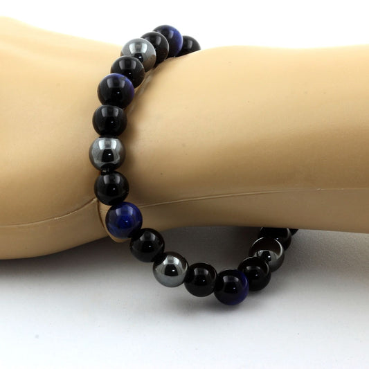 Oeil de Tigre bleu + Hématite + Agate noire. Bracelet Perles naturelles