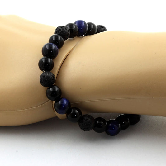Oeil de Tigre bleu + Lave + Agate noire. Bracelet Perles naturelles