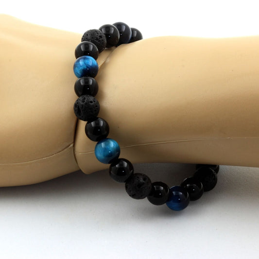 Oeil de Tigre bleu clair + Lave + Agate noire. Bracelet Perles naturelles
