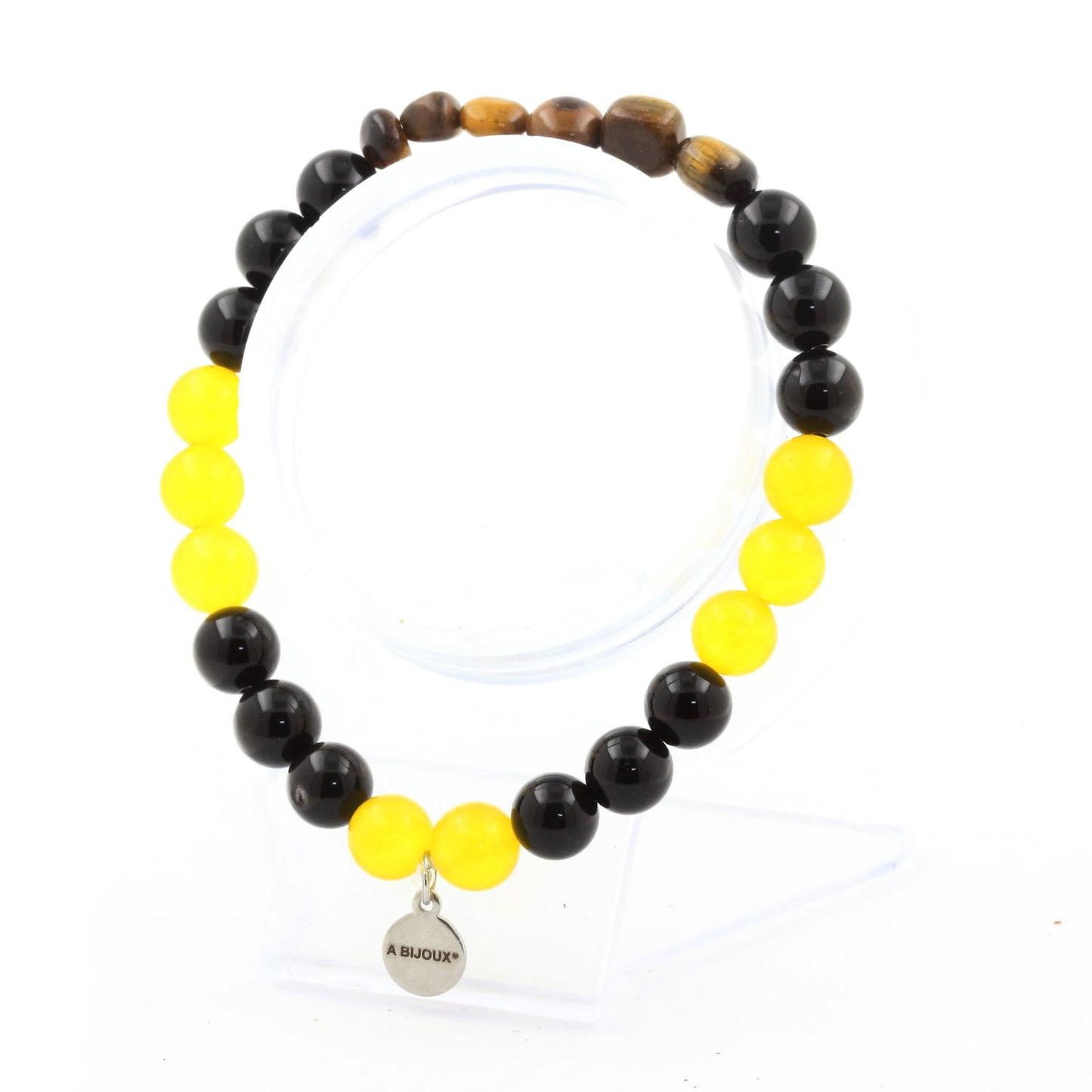 Oeil de Tigre d'Afrique du Sud + Perles Agate jaune + Agate noire. Bracelet en Perles naturelles