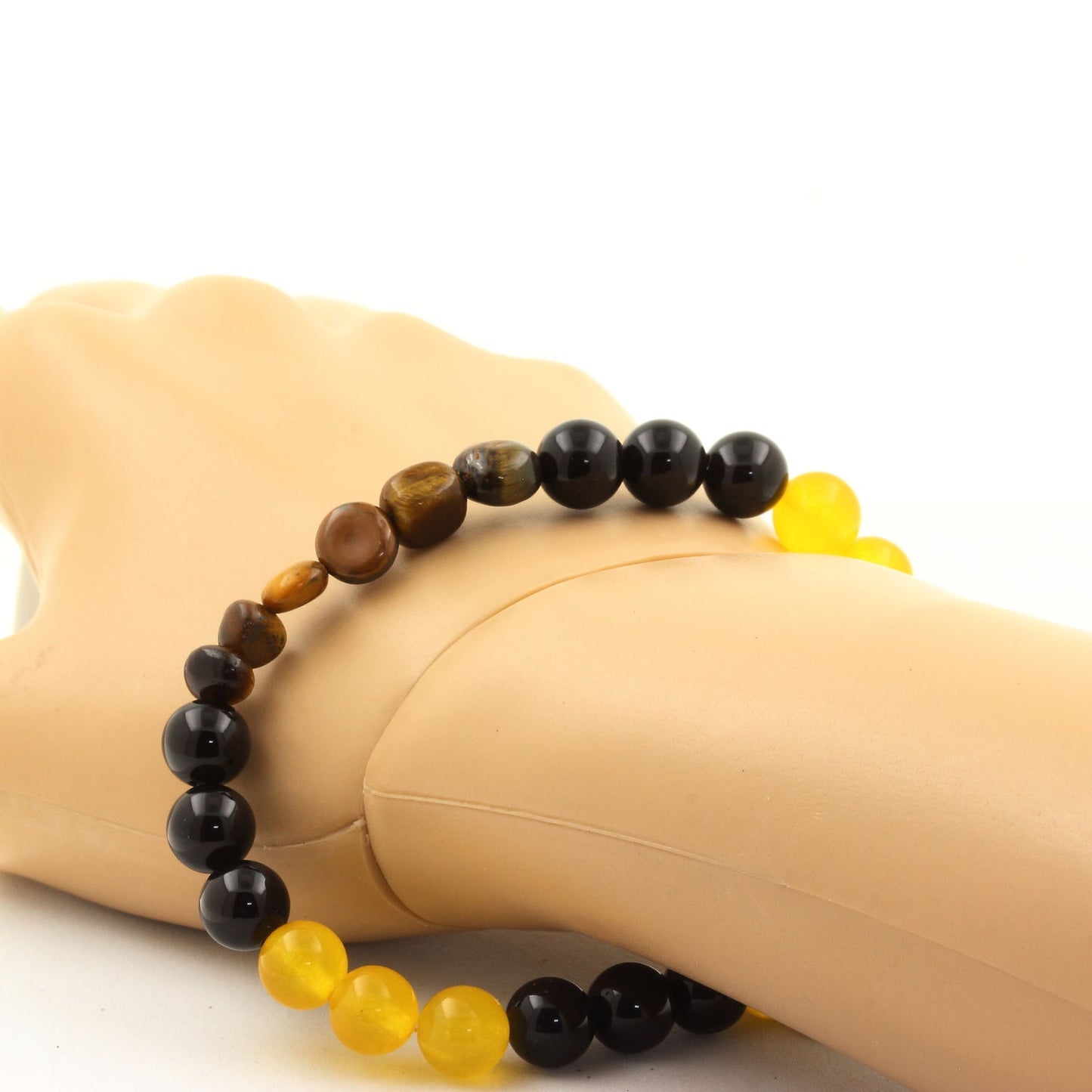 Oeil de Tigre d'Afrique du Sud + Perles Agate jaune + Agate noire. Bracelet en Perles naturelles