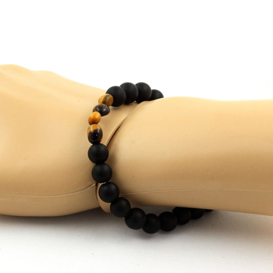 Oeil de Tigre d' Afrique du Sud + Perles Onyx noir mat. Bracelet en Perles naturelles