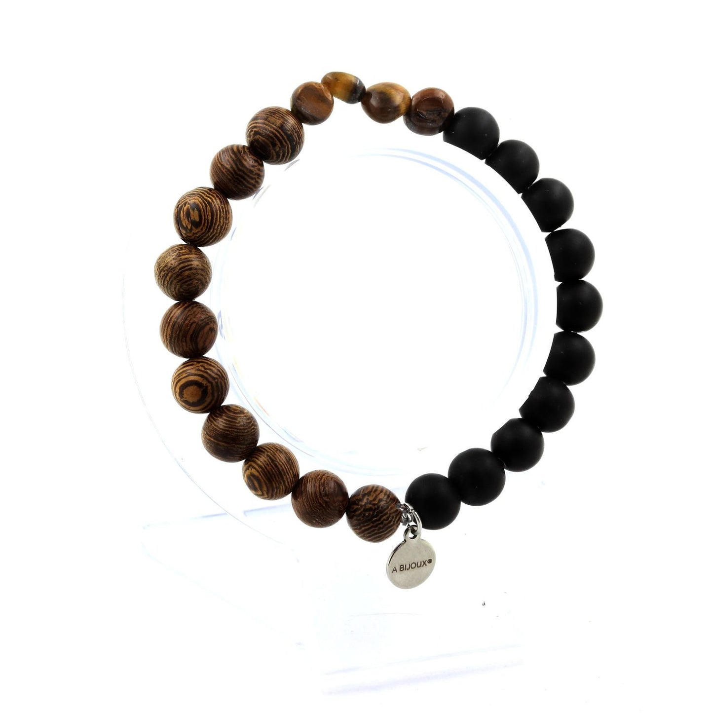 Oeil de Tigre d' Afrique du Sud + Perles bois + Onyx noir mat. Bracelet en Perles naturelles