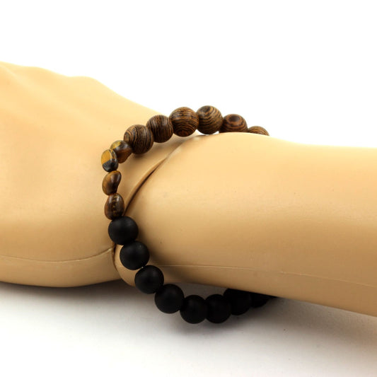 Oeil de Tigre d' Afrique du Sud + Perles bois + Onyx noir mat. Bracelet en Perles naturelles