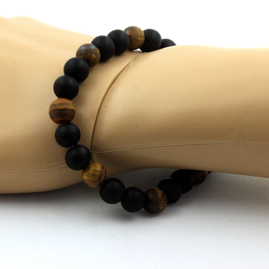 Oeil de Tigre mat + Onyx noir mat. Bracelet en Perles naturelles