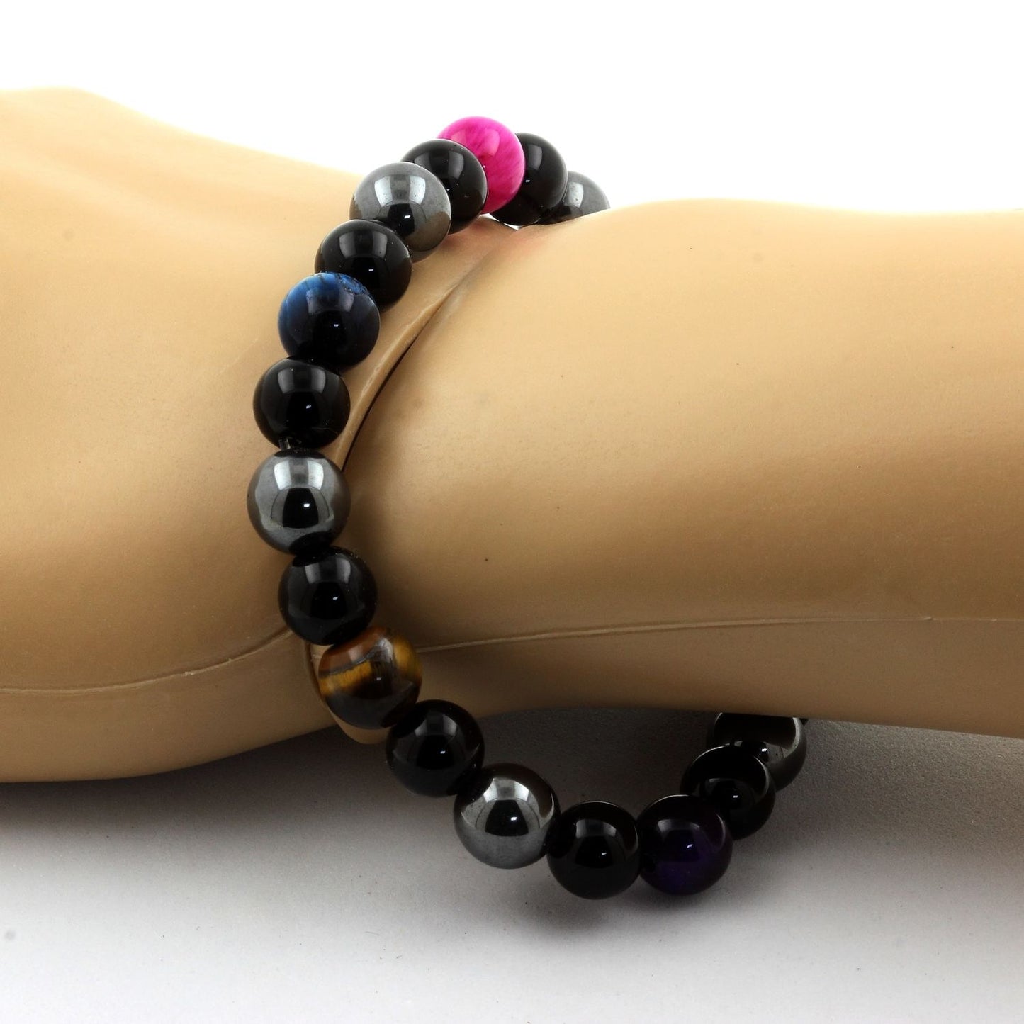 Oeil de Tigre multicolore + Hématite + Agate noire. Bracelet Perles naturelles