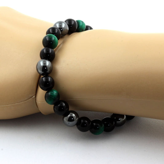 Oeil de Tigre vert + Hématite + Agate noire. Bracelet Perles naturelles