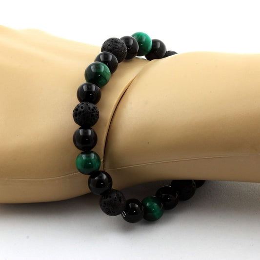 Oeil de Tigre vert + Lave + Agate noire. Bracelet Perles naturelles