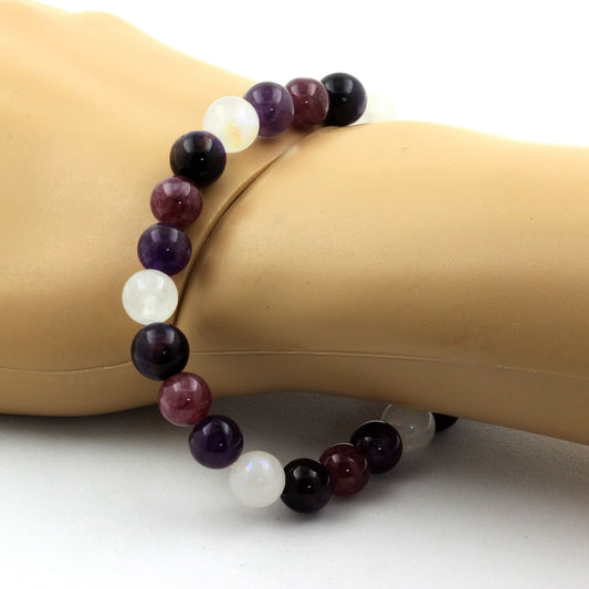 Oeil de Tigre violet + Améthyste + Pierre de lune + Lépidolite. Bracelet en Perles naturelles