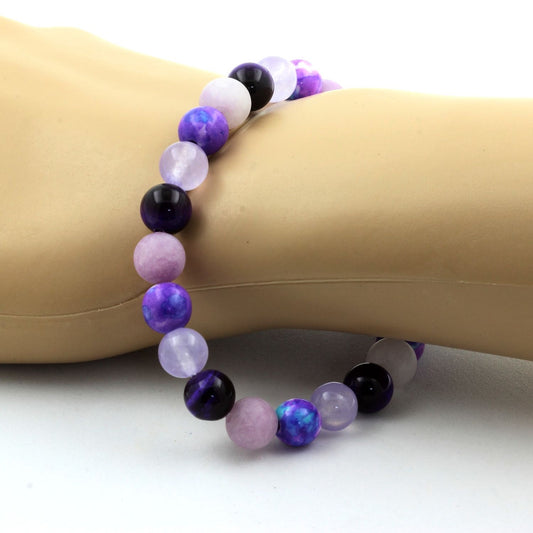 Oeil de Tigre violet + Jaspe violet bleu + Calcédoine lavande + Mica violet mat. Bracelet en Perles naturelles