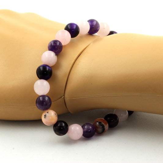 Oeil de Tigre violet + Quartz rose + Améthyste + Opale Rose. Bracelet en Perles naturelles