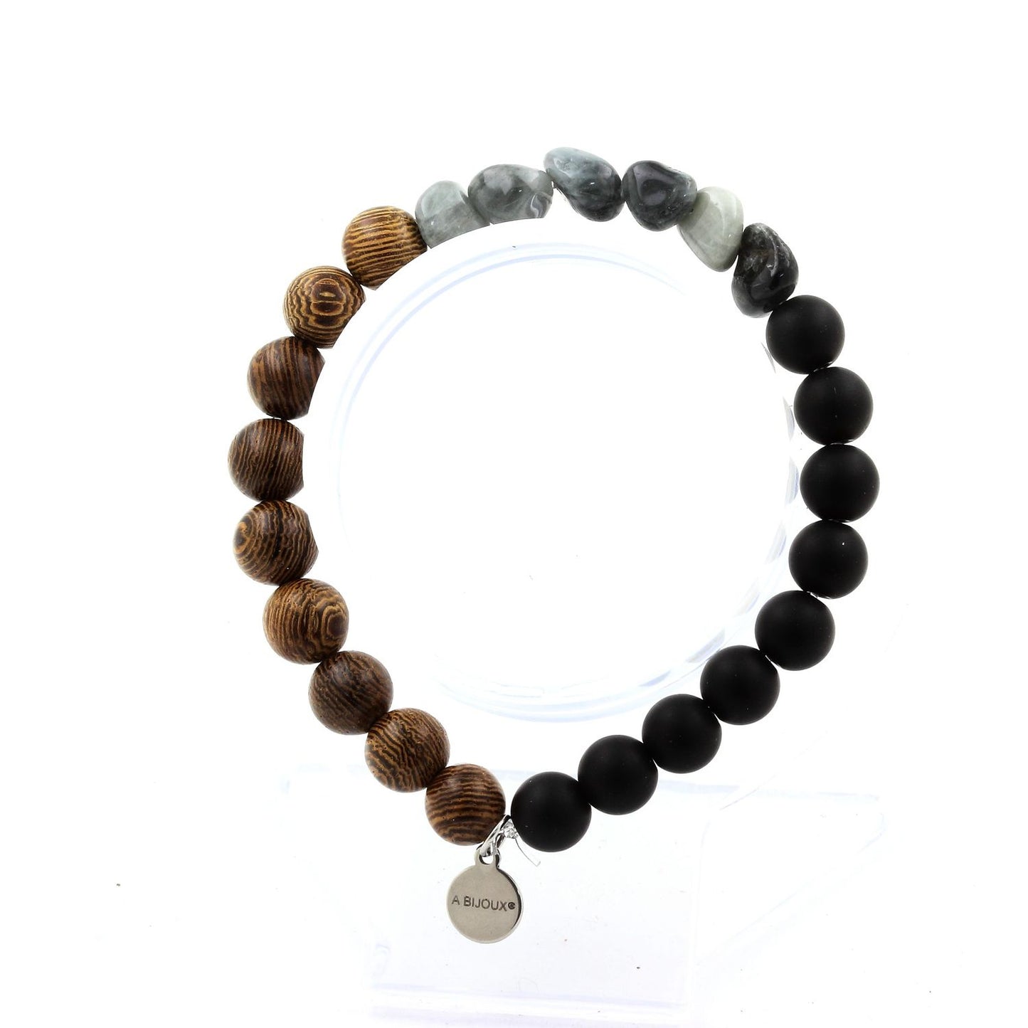 Oeil de faucon d'Afrique du Sud + Perles Onyx noir mat + bois. Bracelet en Perles naturelles