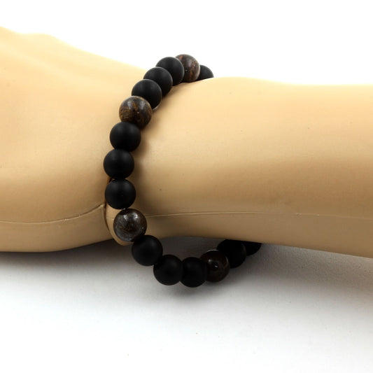 Onyx noir mat + Bronzite. Bracelet Perles naturelles