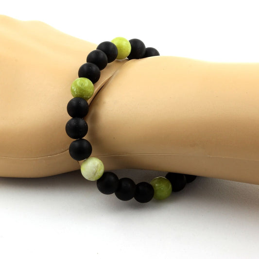 Onyx noir mat + Serpentine Jade de Chine. Bracelet Perles naturelles