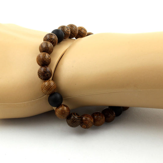 Onyx noir mat + bois. Bracelet Perles naturelles