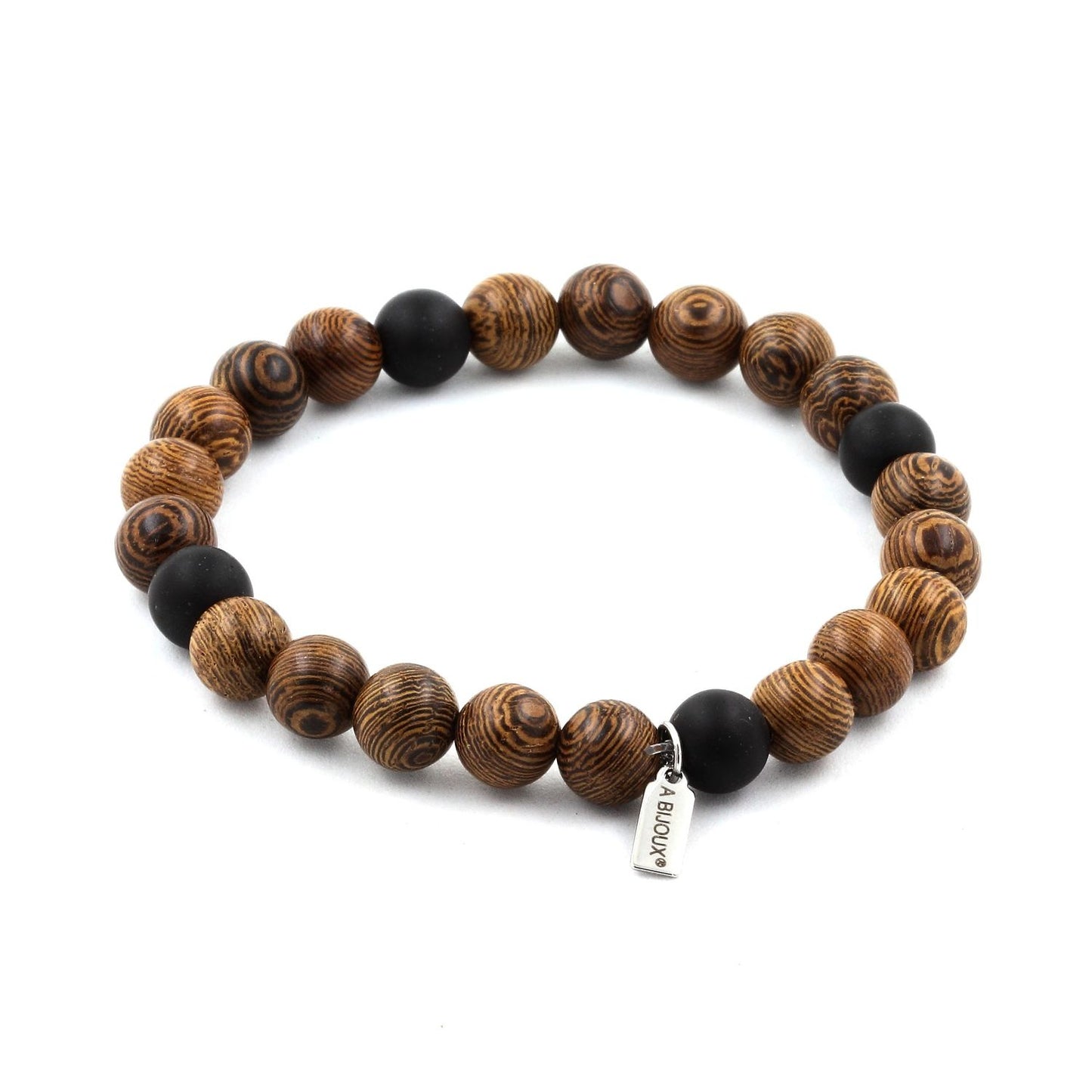 Onyx noir mat + bois. Bracelet Perles naturelles