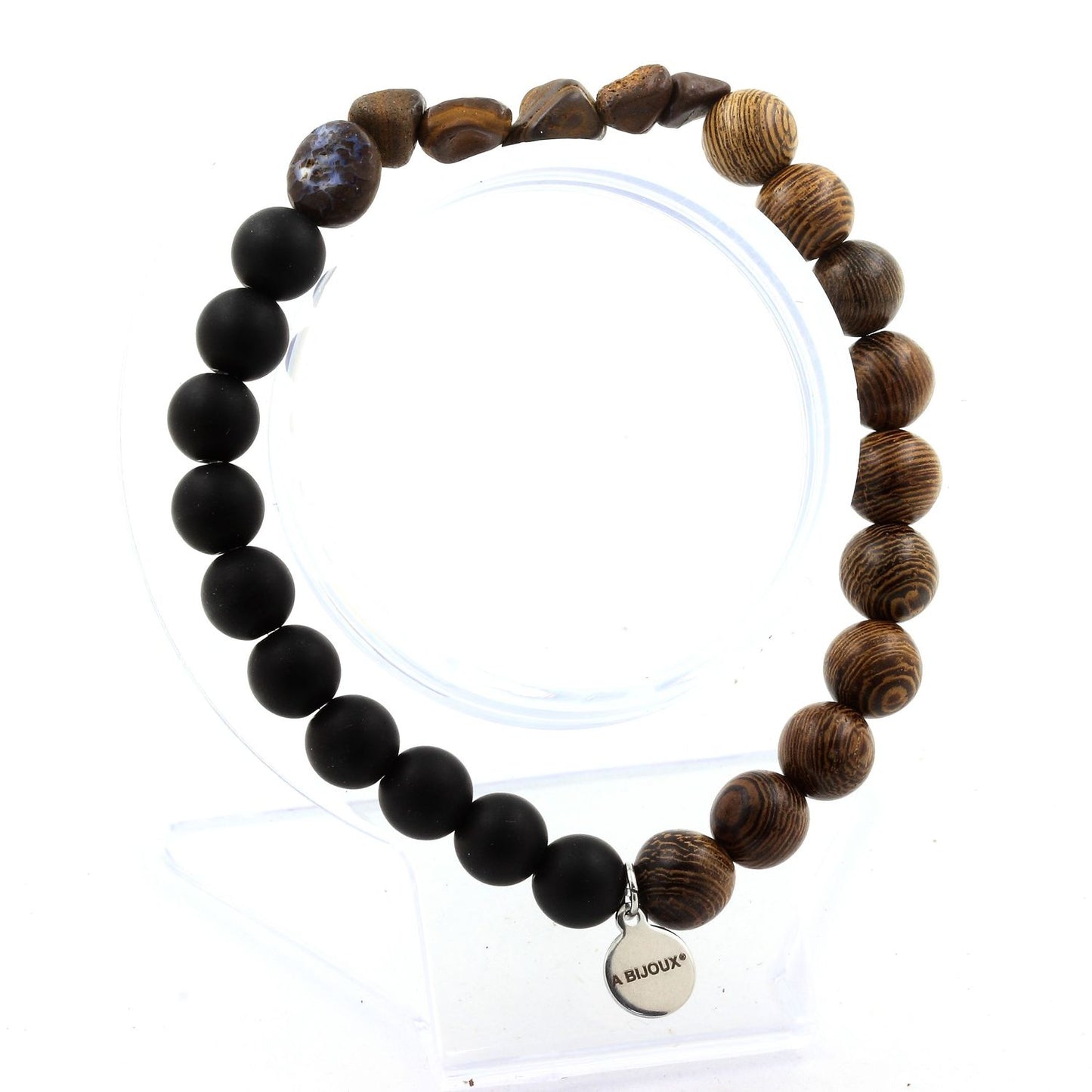 Opale Boulder d' Australie + Perles Onyx noir mat + bois. Bracelet Perles