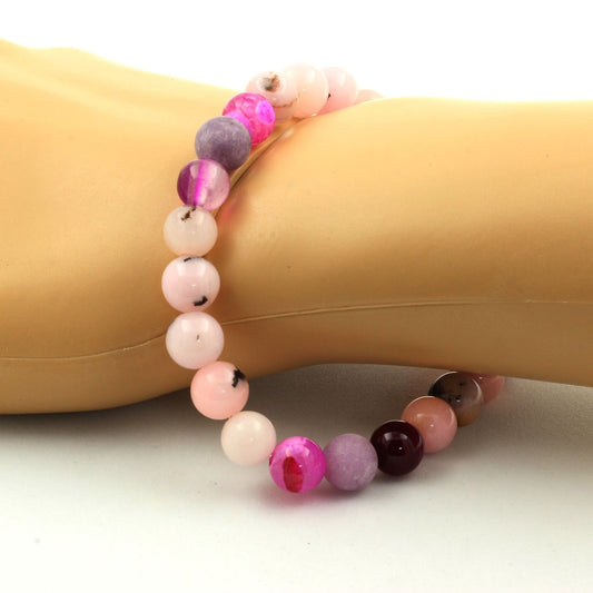 Opale Rose + Agate rubanée rose + Agate veines de Dragon Fuchsia + Mica violet mat. Bracelet en Perles naturelles