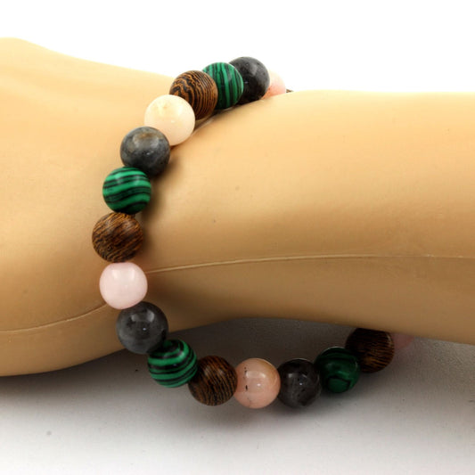 Malachite (avec résine) + Opale Rose. Bracelet en Perles naturelles