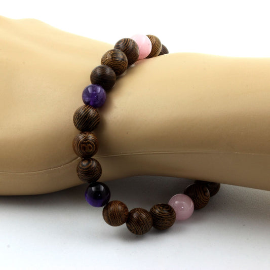 Opale Rose + Oeil de Tigre violet + Améthyste + bois. Bracelet en Perles naturelles