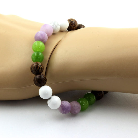 Péridot + Mica violet mat + Howlite + Bois. Bracelet Perles naturelles