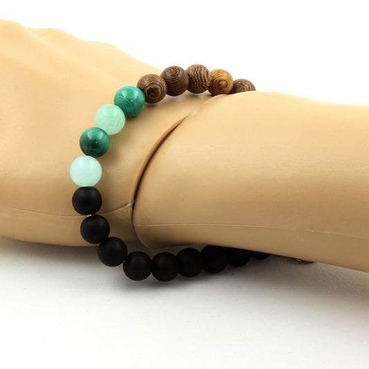 Malachite du Congo + Amazonite + Onyx noir mat + bois. Bracelet en Perles naturelles