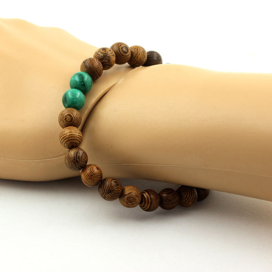 Malachite du Congo + bois. Bracelet en Perles naturelles