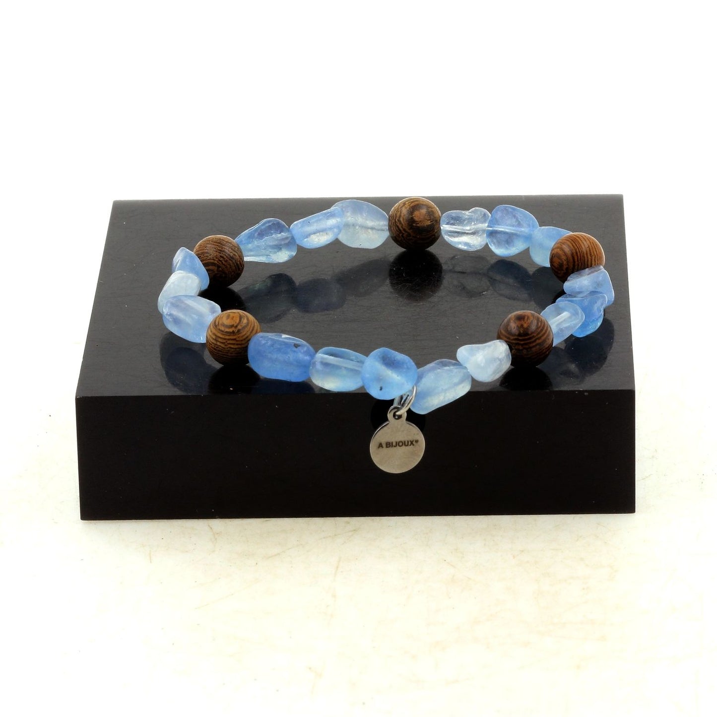 Perles Aigue-Marine du Brésil + bois 8 mm. Bracelet en Perles naturelles